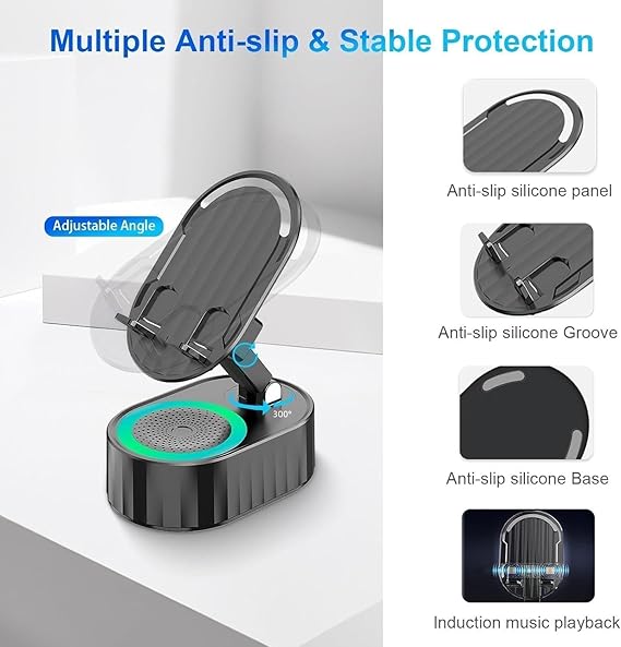 Wireless Induction Audio Speaker 5in1 Phone Holder Emergency Rechargeable with Colorful Ambient Light 300° Foldable for Tablet, Gifts for Men Women (Black)