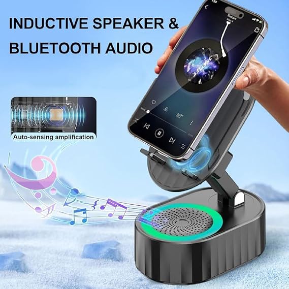 Wireless Induction Audio Speaker 5in1 Phone Holder Emergency Rechargeable with Colorful Ambient Light 300° Foldable for Tablet, Gifts for Men Women (Black)