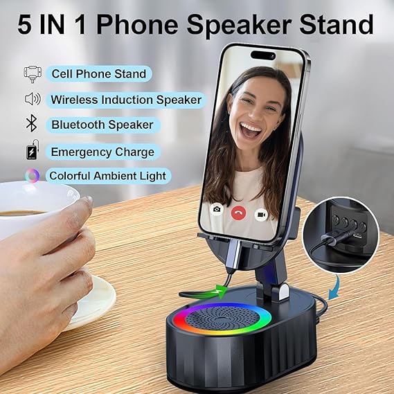 Wireless Induction Audio Speaker 5in1 Phone Holder Emergency Rechargeable with Colorful Ambient Light 300° Foldable for Tablet, Gifts for Men Women (Black)