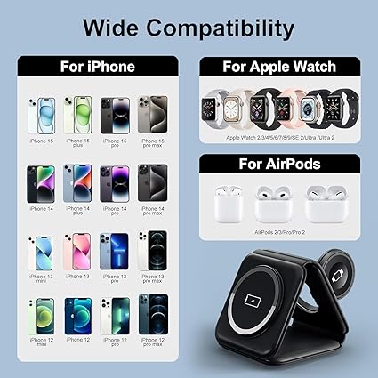 Foldable 3-in-1 Wireless Charger Station Multiple Appleee Devices Travel Charging Pad Dock for Watch iPhoneee 16 15 14 13 12 Pro Max Plus & Earpod