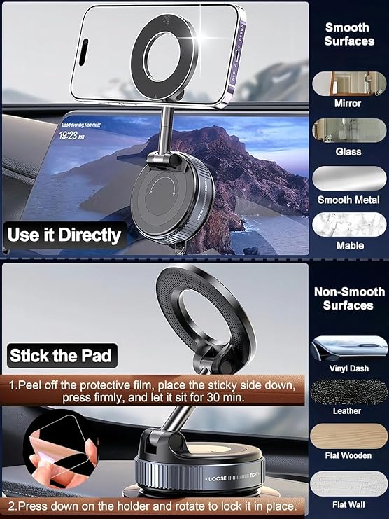 K007 Magnetic Phone Holder – 360° Vacuum Suction Cup Mount for Car, Gym, Mirror, Shower – Foldable Adjustable Stand – Universal Mobile Holder Compatible with All Phones