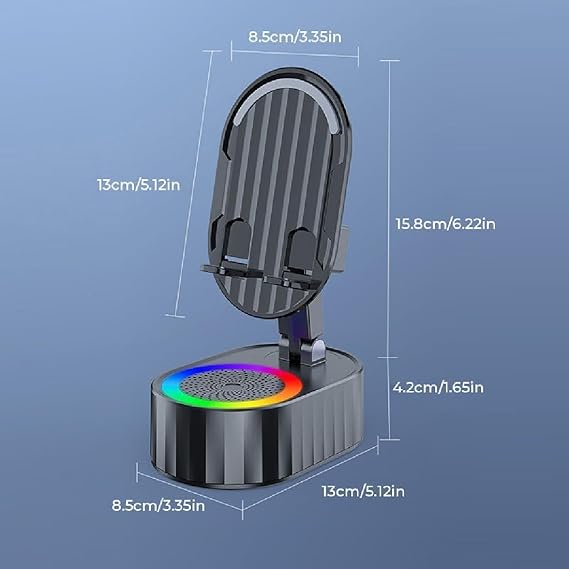 Wireless Induction Audio Speaker 5in1 Phone Holder Emergency Rechargeable with Colorful Ambient Light 300° Foldable for Tablet, Gifts for Men Women (Black)