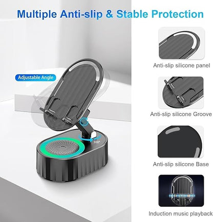 Wireless Induction Audio Speaker 5in1 Phone Holder Emergency Rechargeable with Colorful Ambient Light 300° Foldable for Tablet, Gifts for Men Women (Black)