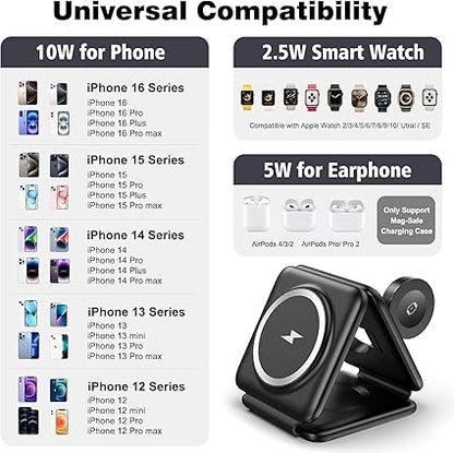 Foldable 3-in-1 Wireless Charger Station Multiple Appleee Devices Travel Charging Pad Dock for Watch iPhoneee 16 15 14 13 12 Pro Max Plus & Earpod