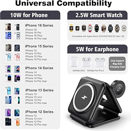 Foldable 3-in-1 Wireless Charger Station Multiple Appleee Devices Travel Charging Pad Dock for Watch iPhoneee 16 15 14 13 12 Pro Max Plus & Earpod