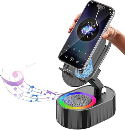 Wireless Induction Audio Speaker 5in1 Phone Holder Emergency Rechargeable with Colorful Ambient Light 300° Foldable for Tablet, Gifts for Men Women (Black)