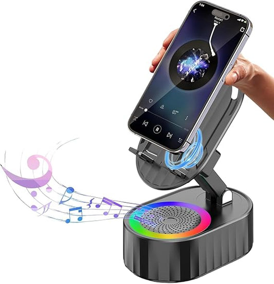 Wireless Induction Audio Speaker 5in1 Phone Holder Emergency Rechargeable with Colorful Ambient Light 300° Foldable for Tablet, Gifts for Men Women (Black)