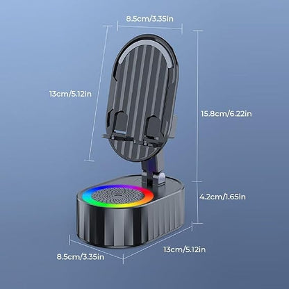 Wireless Induction Audio Speaker 5in1 Phone Holder Emergency Rechargeable with Colorful Ambient Light 300° Foldable for Tablet, Gifts for Men Women (Black)
