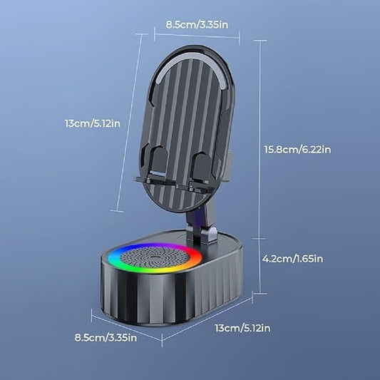Wireless Induction Audio Speaker 5in1 Phone Holder Emergency Rechargeable with Colorful Ambient Light 300° Foldable for Tablet, Gifts for Men Women (Black)